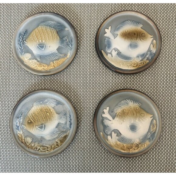 Set Of 4 Ceramic Fish Blue White Pottery Coasters Embossed Design Marine Life Co - Picture 1 of 7